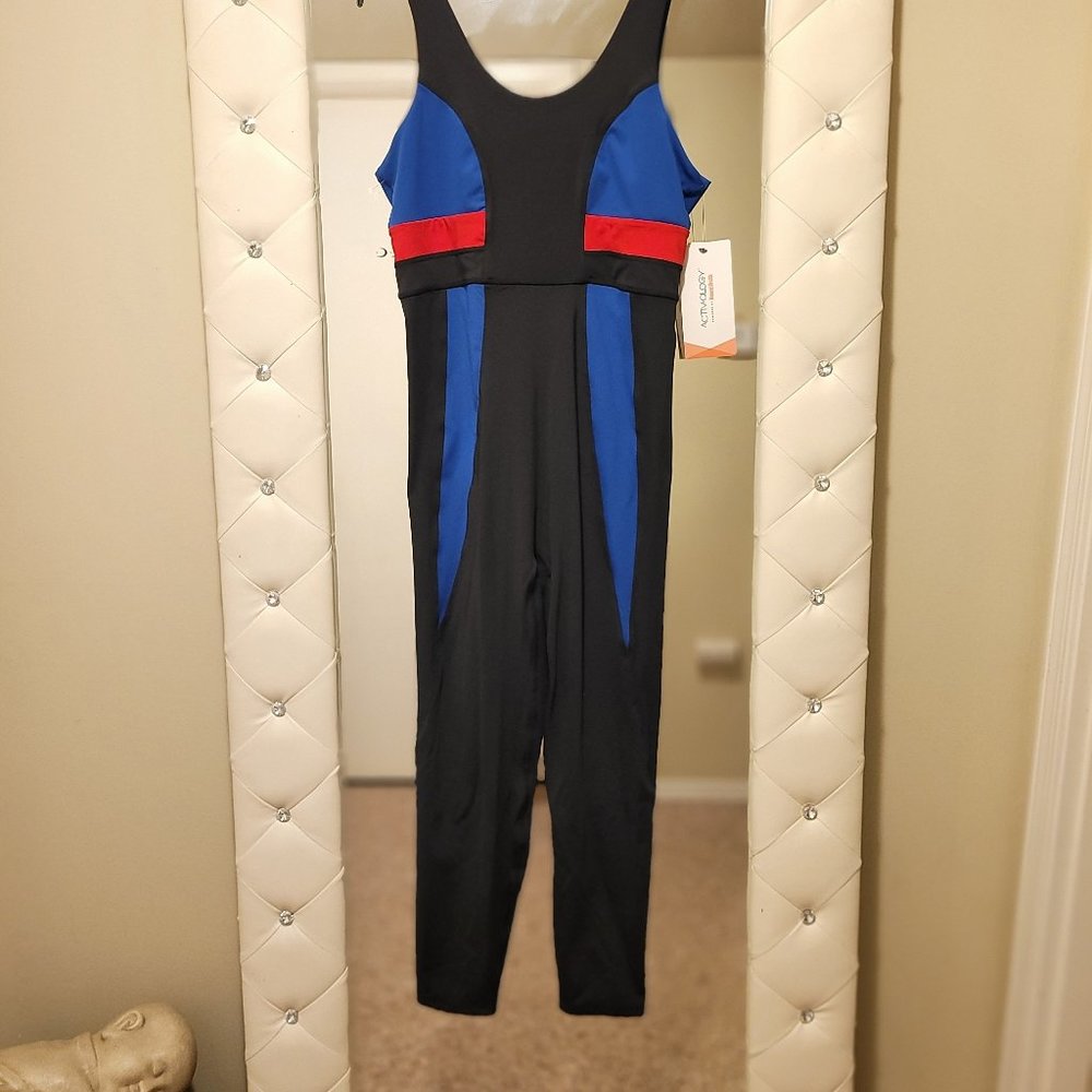 Women Sz Lg  Activology Active Colorblock Black Ted Blue Sleeveless Catsuit